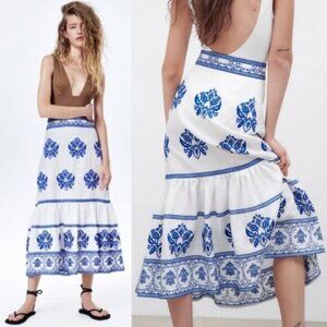 Zara White Blue Embroidered 100% Linen Flowy Peplum Long Skirt